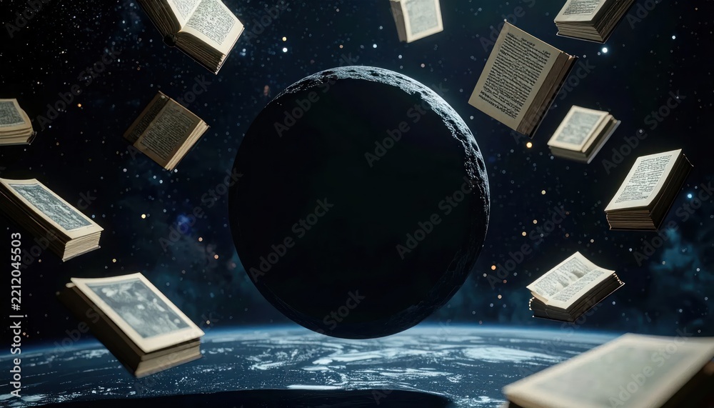 Fototapeta premium Books floating in space around Earth.