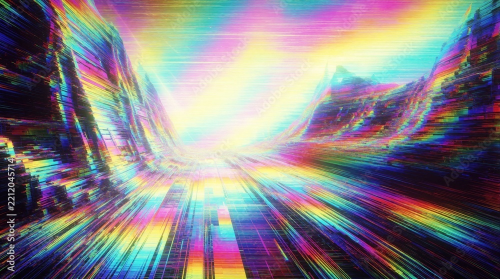Fototapeta premium Abstract digital glitch background with colorful light streaks. Vibrant chromatic aberration effect creates wavy distortion pattern. Bright neon lines move through space like high speed data stream