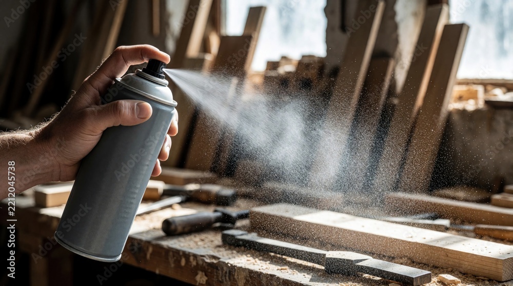 Naklejka premium Close up of hand holding grey aerosol spray in workshop. Person uses spray paint coating tool to apply fine mist on wood surface. Hand presses nozzle to release liquid gas for DIY home improvement