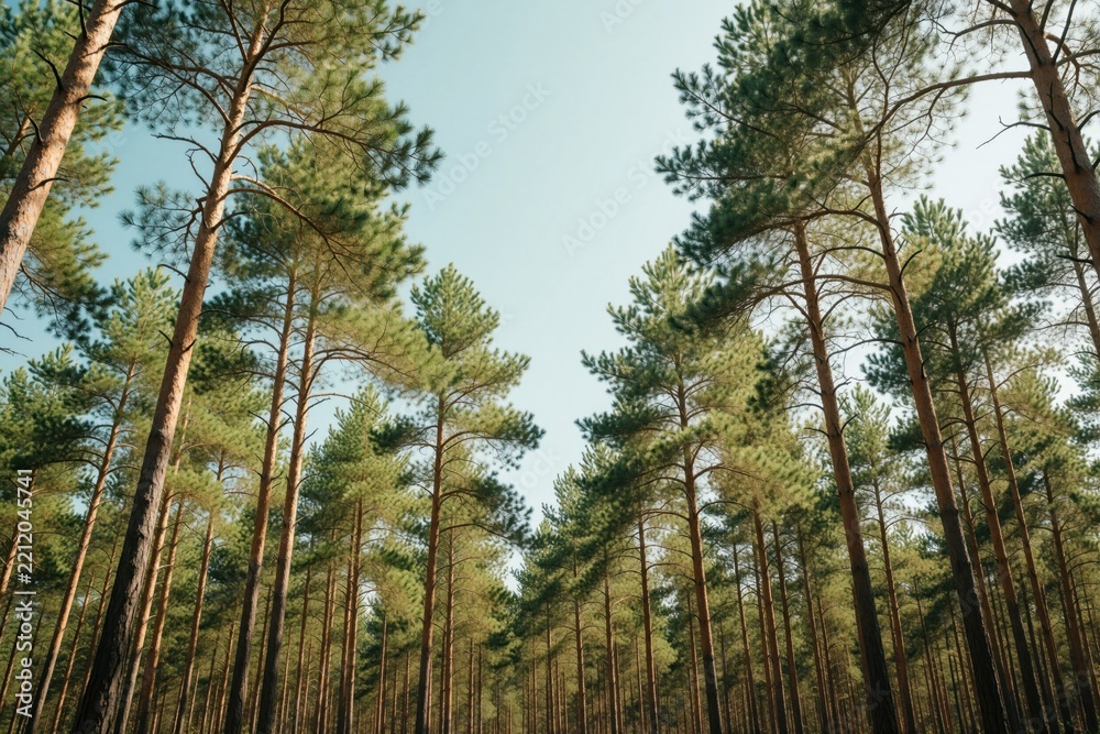 Obraz premium Low angle view of tall pine trees reaching towards clear blue sky. Dense coniferous forest with straight trunks, green needles. Sunny day in nature park provides peaceful woodland scenery for ecology