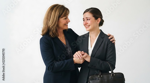 An older woman comforts her crying adult daughter in professional business attire together