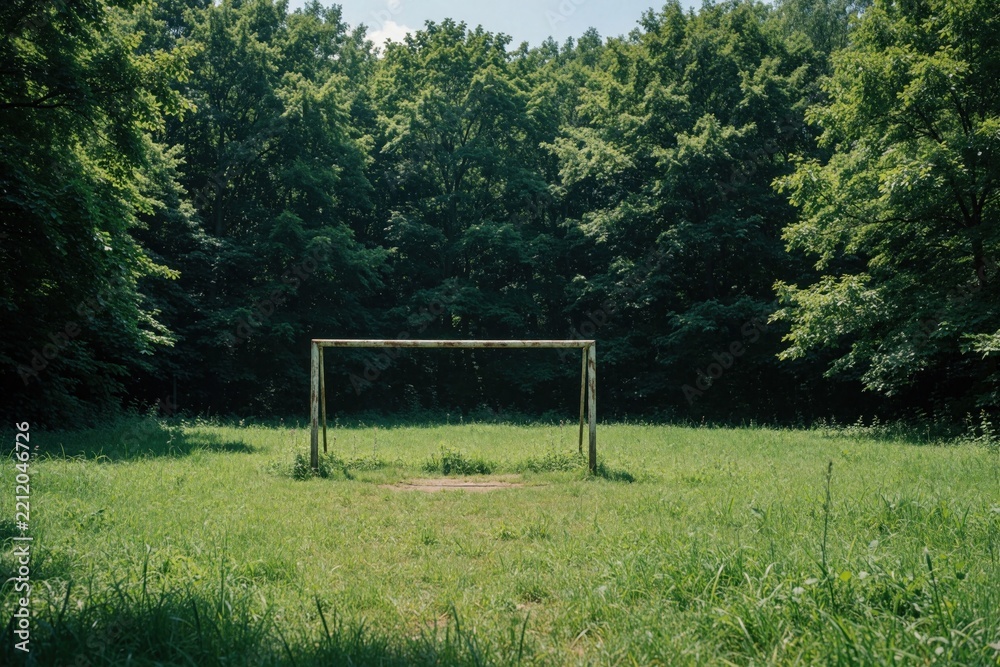 Obraz premium Empty soccer goal stands on green grass field in middle of forest. Old football net frame sits in sunny clearing surrounded by dense trees, summer woods. Quiet outdoor sport pitch in nature during