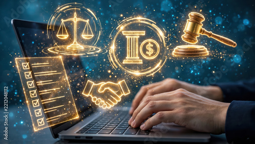 Legal technology online contract compliance checklist justice scale financial law gavel laptop handshake digital document regulatory guidance