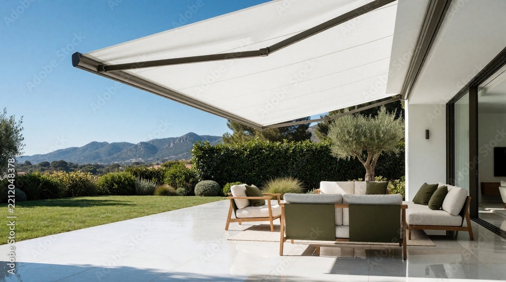 Fototapeta premium Modern retractable awning covers luxury patio with stylish outdoor furniture. Minimalist terrace features comfortable seating near green garden. Large white sunshade provides shade on sunny day with