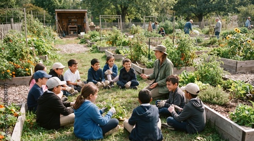 Elementary students learning about organic gardening with their teacher in a community garden plot