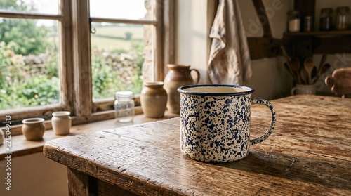 Vintage enamel metal mug with blue speckles on a weathered wooden table, warm morning light and rustic textures create an authentic nostalgic countryside kitchen scene.