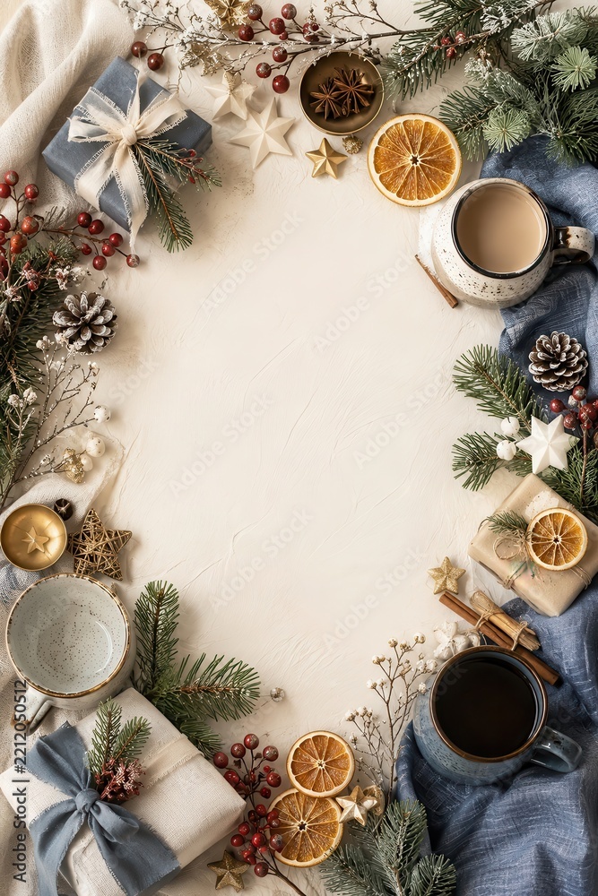 Fototapeta premium Cozy Christmas frame with coffee, gifts, pine, dried oranges