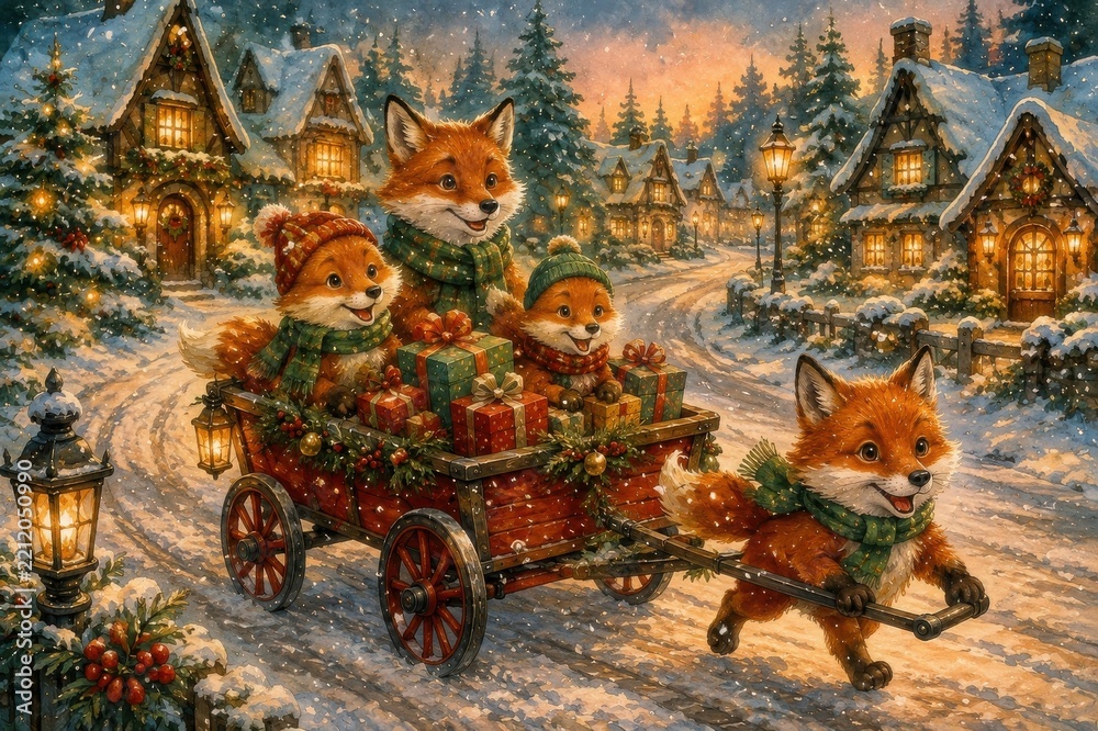 Fototapeta premium Whimsical fox family delivers Christmas gifts through snowy village