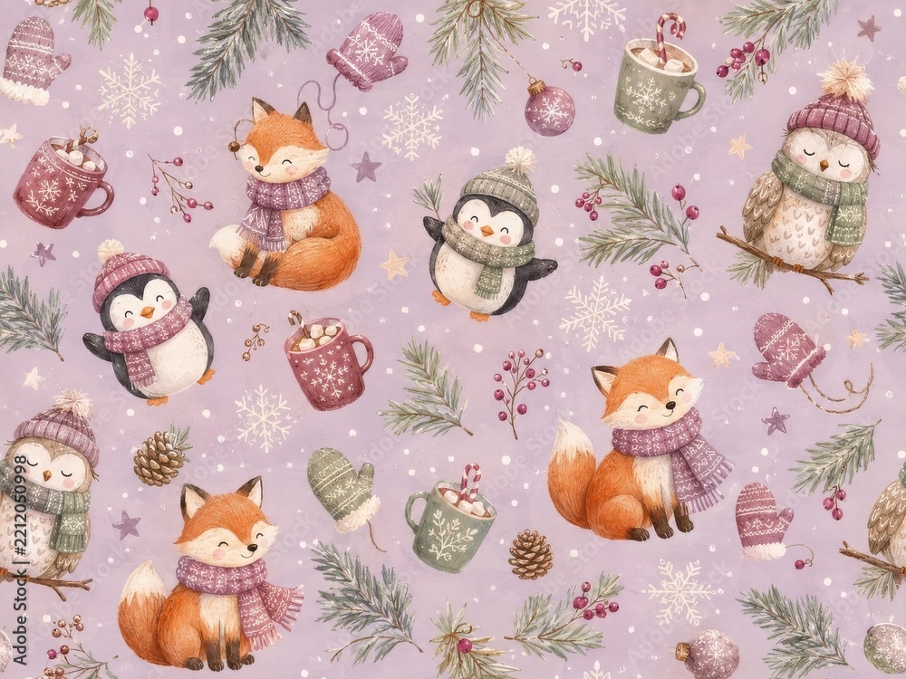 Fototapeta premium Whimsical woodland animals winter holiday seamless pattern