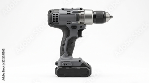 A modern cordless power drill stands isolated against a clean plain white studio background surface with positioned against construction professional rechargeable