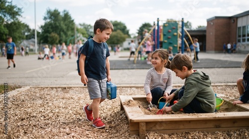 A young boy with a backpack approaches his friends playing in a sandbox at a school playground