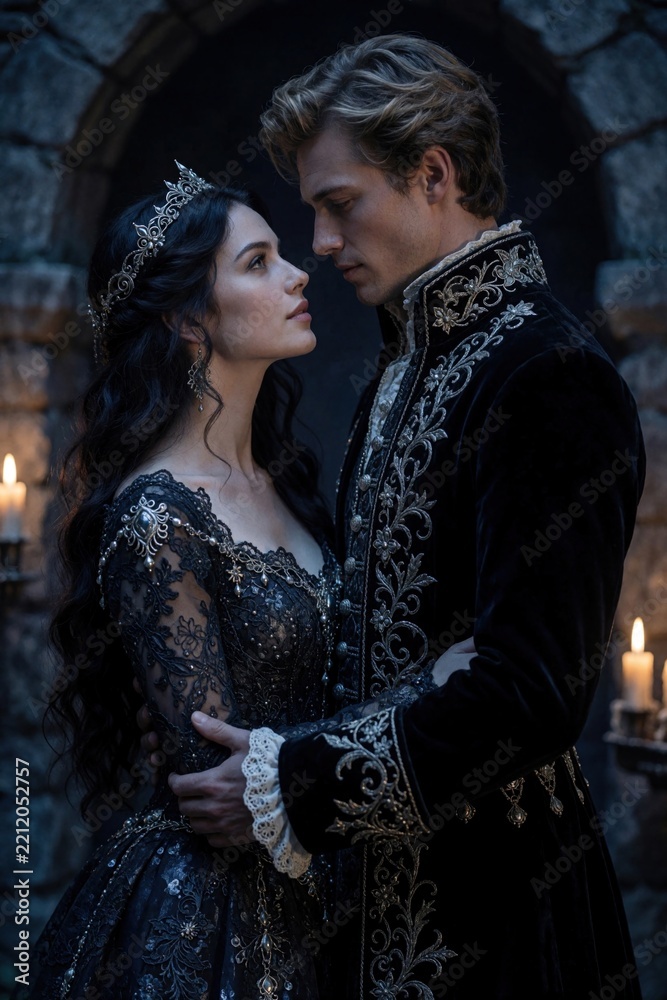 Obraz premium Romantic couple in ornate medieval attire gaze at near stone archway. Man, woman wear elegant dark fantasy costumes with gold embroidery. Lovers express deep affection in historical setting for book