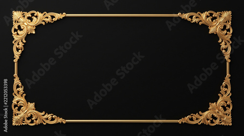 A rectangular ornate gold frame border featuring intricate decorative scrollwork isolated on a plain black background with elaborate golden filigree filigree corners sits
