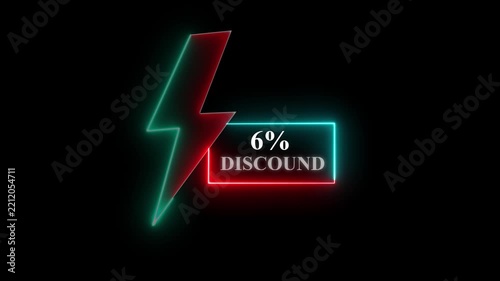 Discount 6% neon light sign, purple and blue colors, Glowing neon line of Discount sign banner for promo video. Shopping, great discount 6% and clearance, social media, communication