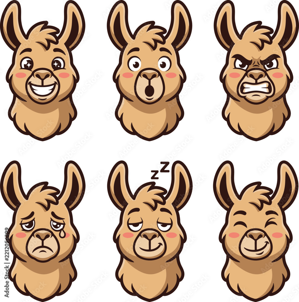 Fototapeta premium Set of six cartoon lama head avatars with different facial expressions