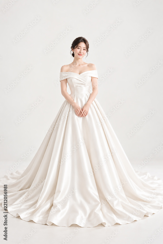 Fototapeta premium Korean women's wedding dress, wedding shoot snaps, K-beauty aesthetic hair, fashion model, veil, bridal gown, wedding hall, planner, princess, white, groom and bride makeup, tiara studio photo shoot