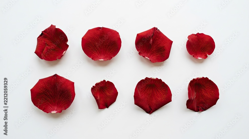 Fototapeta premium Scattered red rose petals on a white background for valentine's day or romance