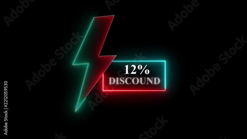 Discount 12% neon light sign, purple and blue colors, Glowing neon line of Discount sign banner for promo video. Shopping, great discount 12% and clearance, social media, communication