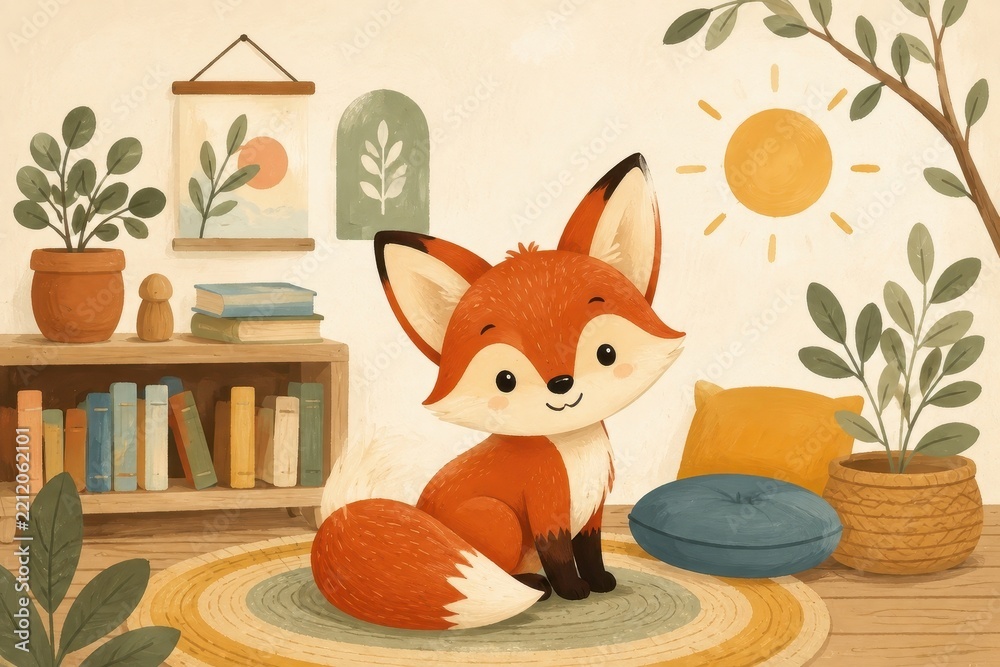 Fototapeta premium Cute fox illustration in cozy nursery with plants and sunshine