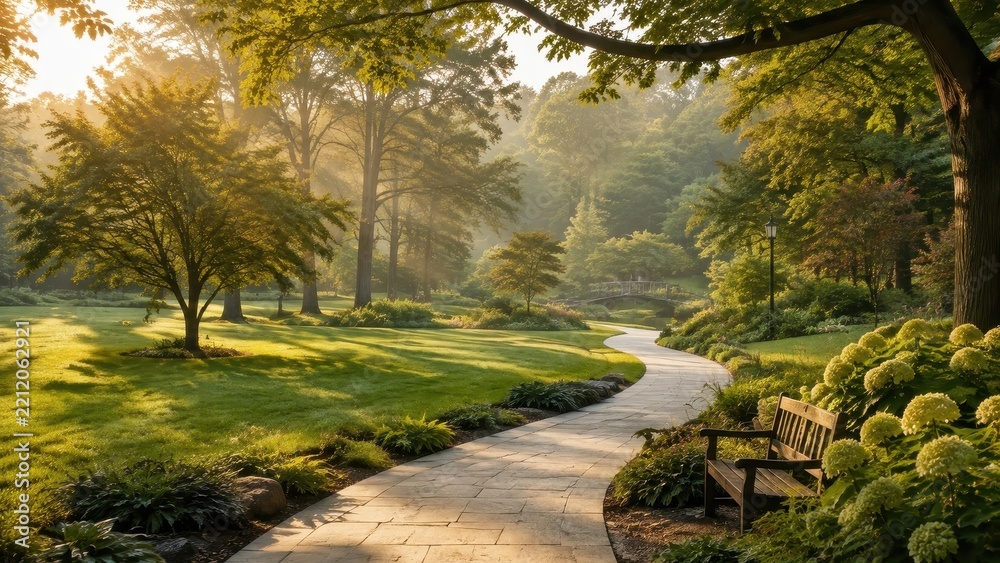 Obraz premium Sunlit green park desktop wallpaper, serene realistic nature background, textured foliage