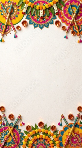 Vibrant Navratri Festival Backdrop with Dandiya Sticks and Intricate Rangoli Art