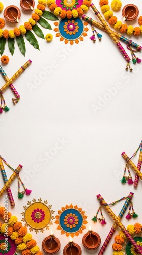 Beautiful Navratri Celebration Frame with Dandiya Sticks and Vibrant Floral Rangoli