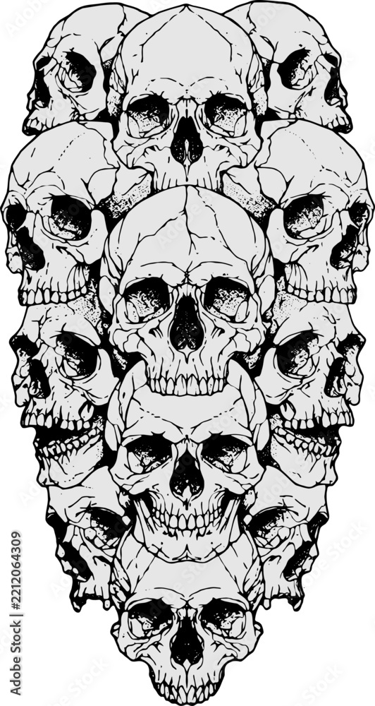 Fototapeta premium Stacked Pile of Human Skulls in Symmetrical Composition, Fine Line Pen and Ink Illustration