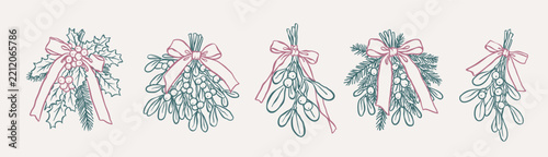 Christmas mistletoe set with five ribbon bow arrangements, berries, holly and evergreen sprigs. Holiday cards and packaging with Christmas mistletoe, hand drawn doodle, vector illustration.