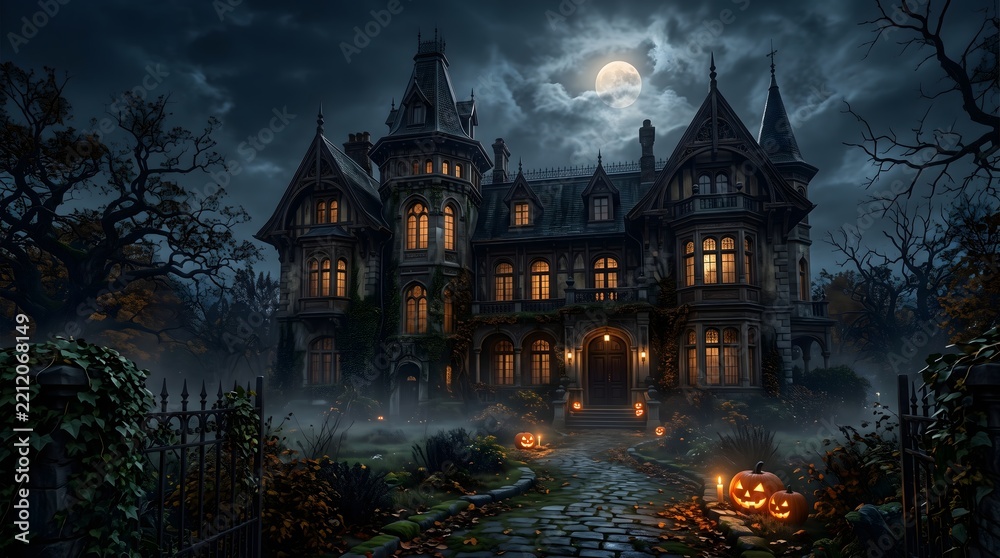 Obraz premium Spooky Haunted Mansion at Night with Full Moon and Fog.