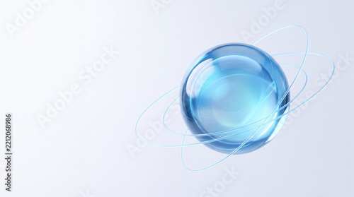 Abstract blue glass sphere with light orbit and transparent glow on white background