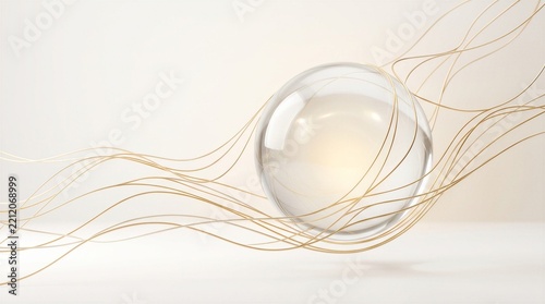 Abstract transparent glass sphere with flowing golden lines on elegant white background