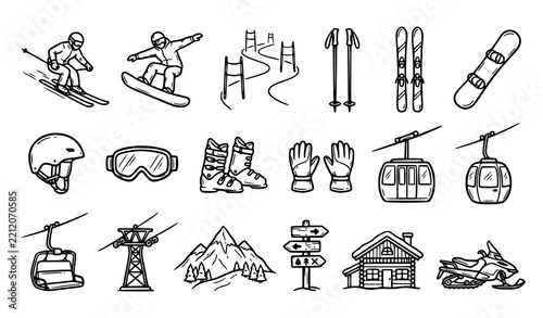 Ski Snowboard Winter Sports Equipment Doodle Icon Set