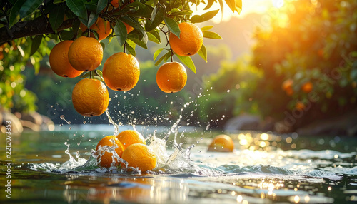 Fresh ripe oranges hanging over a river with water splashing
