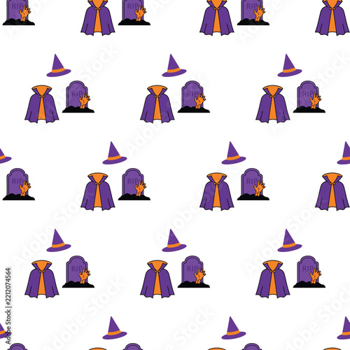 Halloween seamless pattern with spooky elements and costumes.