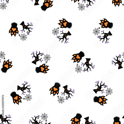 Halloween seamless pattern with spooky paws webs and trees.