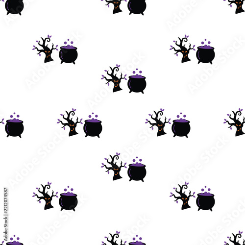 Halloween seamless pattern with spooky trees and bubbling cauldrons.