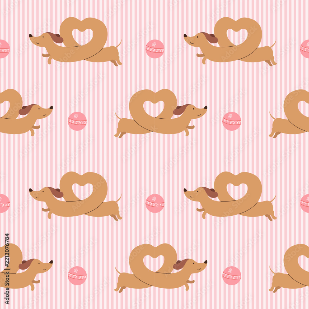 Fototapeta premium dachshund dog seamless pattern with ball and stripes for wallpaper and textile print