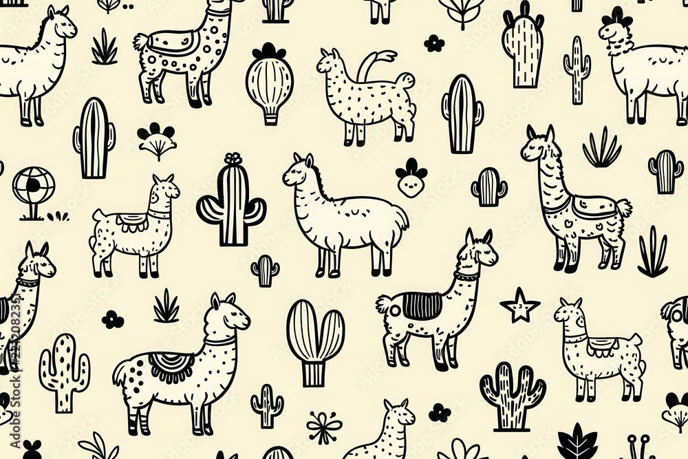 Fototapeta premium Black and white seamless pattern featuring cute llamas and various cacti on a beige background.