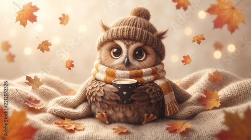 A big-eyed owl wearing a knitted hat and scarf, holding a coffee cup. Sitting on a blanket amidst maple leaves; adorable, with autumn charm.