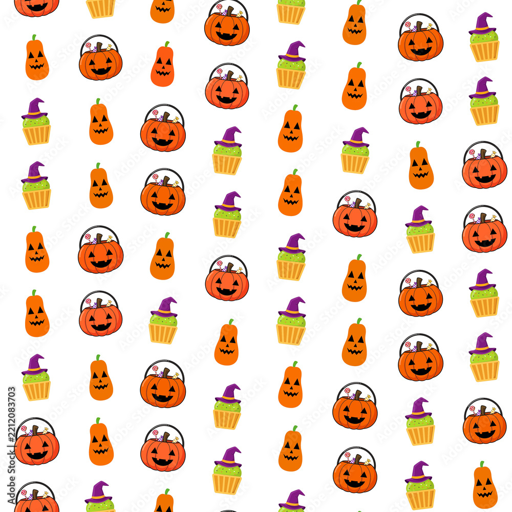 Obraz premium Halloween pattern with pumpkins and cupcakes