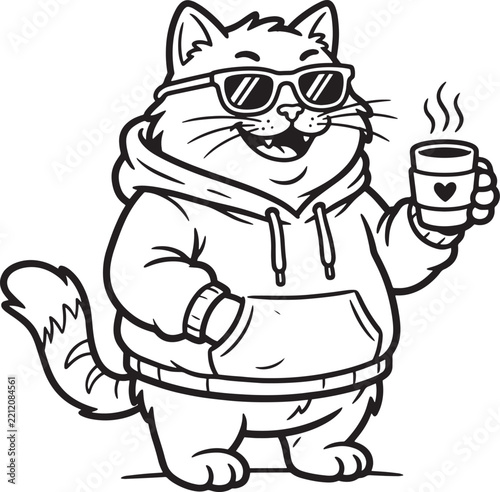 cute and cool animal cartoon character with emotional face cozy outline colorless transparent background