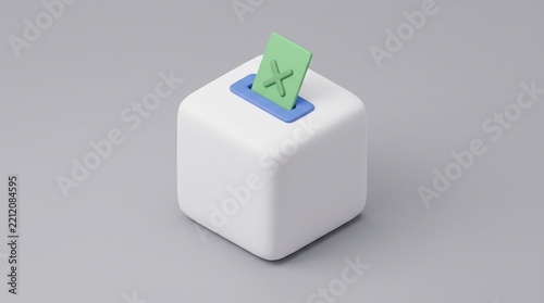 Green ballot paper with cross mark sliding into a white voting box