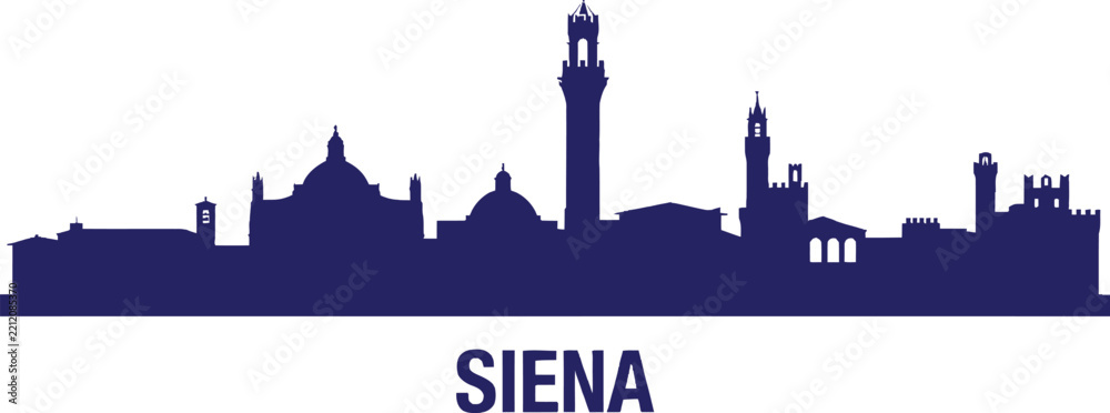Fototapeta premium Dark blue silhouette skyline of siena, italy, featuring the torre del mangia and historic cathedral domes on a white background