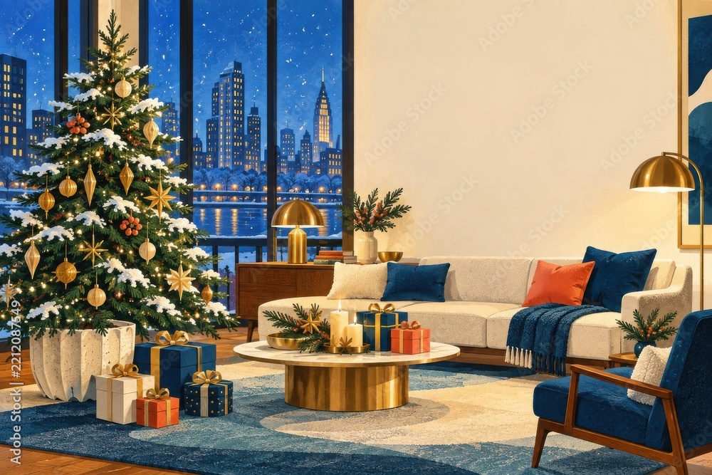 Fototapeta premium Festive Christmas living room overlooking snowy city skyline