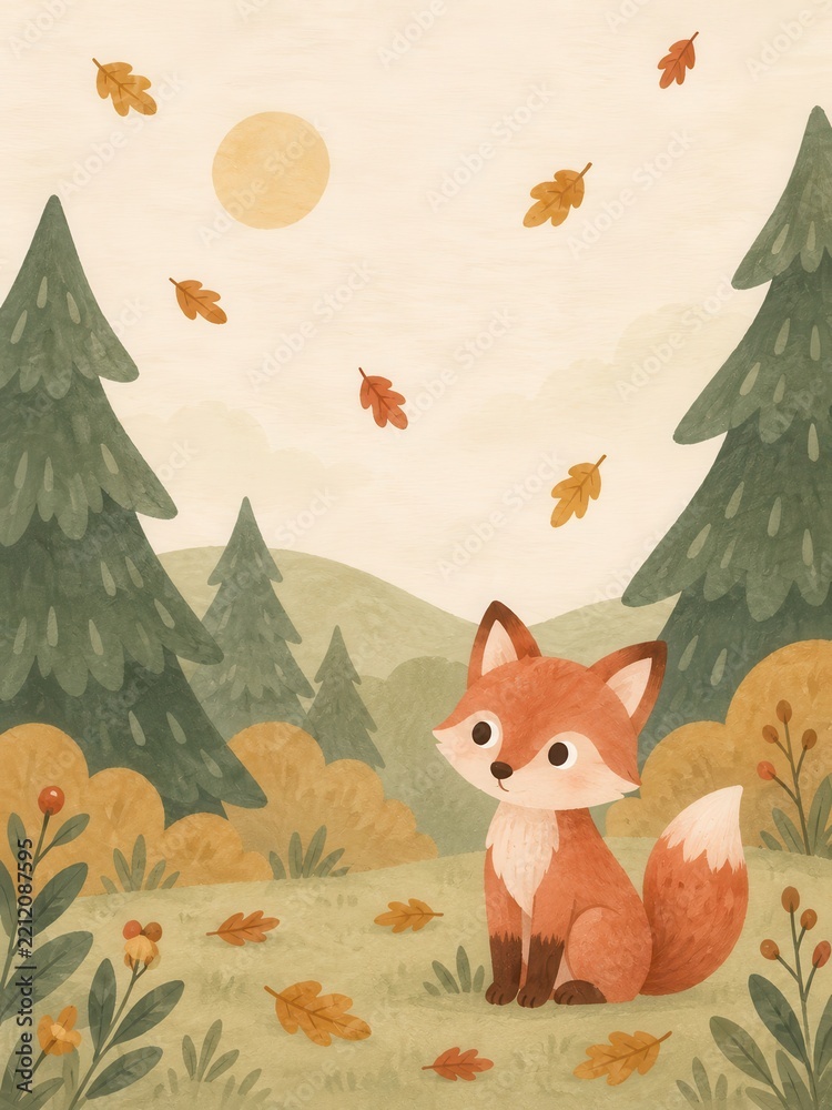 Fototapeta premium Cute watercolor fox in autumn forest with falling leaves