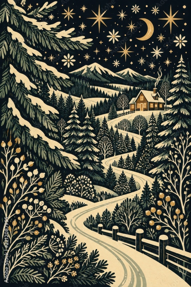 Obraz premium Vintage winter cabin beneath stars, moon, snowy forest mountains