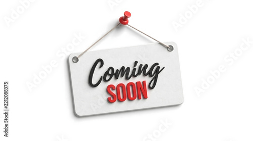 White wooden sign reading Coming Soon hanging by red string on a pin, isolated on a white background. Simple flat illustration for announcement, launch, promotion, store opening and website notice con