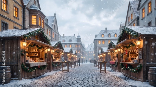 Atmospheric 3D image of a snowy European market street with warmly illuminated wooden stalls, historic buildings, and festive decorations. Cinematic winter style with soft snowfa