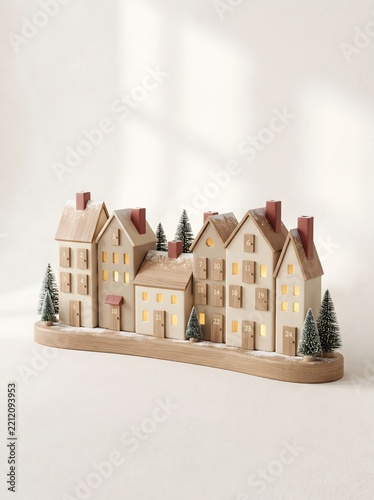 Elegant miniature village display with colorful wooden houses, snowy rooftops, pine trees, and a natural wood base. Soft photo style with warm neutral tones