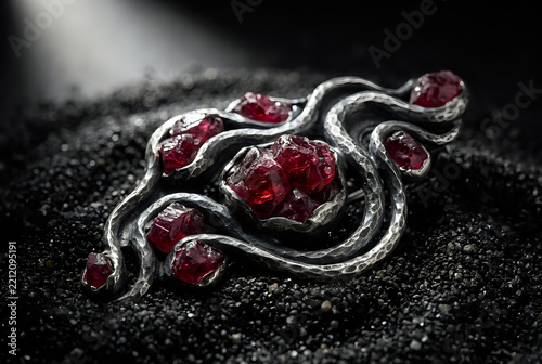 Hammered Texture Raw Ruby Brooch Oxidized Silver Red
